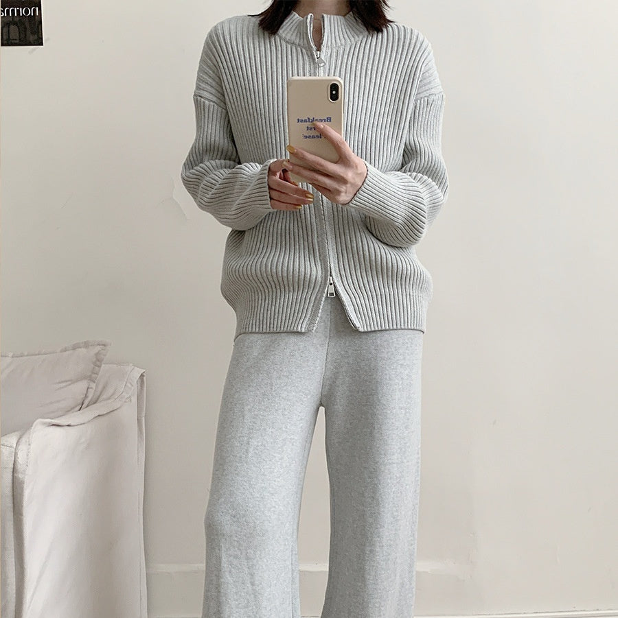 Small Stand Collar Vertical Sunken Stripe Zipper Knitted Cardigan Coat Trousers Two-piece Set