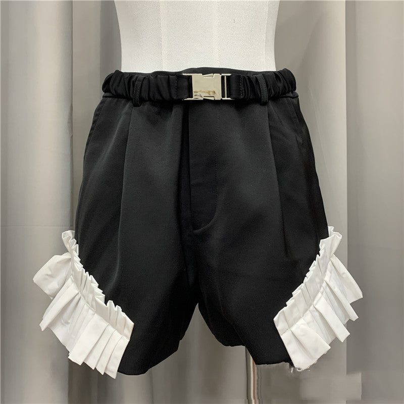 Contrasting Color Stitching Lotus Leaf Lace Was Thin High-waist Suit Shorts