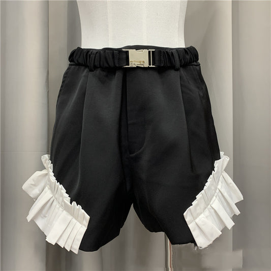 Contrasting Color Stitching Lotus Leaf Lace Was Thin High-waist Suit Shorts