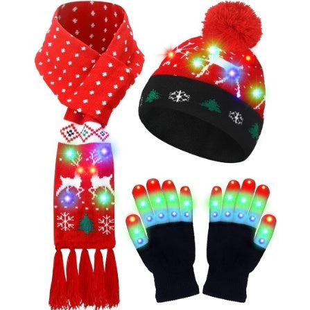 LED Christmas Knitted Hat Scarf Gloves Three-piece Set