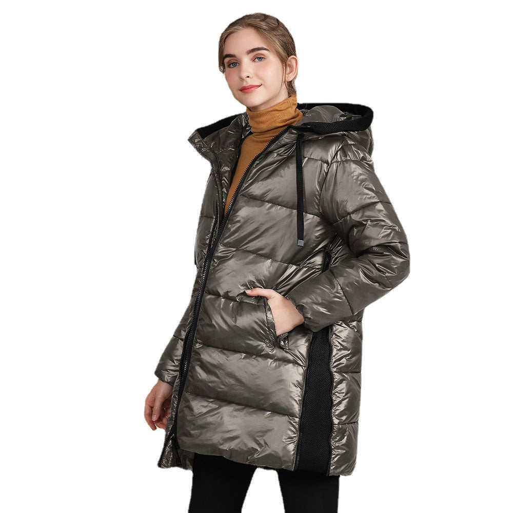 Dames Gewatteerde Nylon Glanzende Brood Hoodie Winterjas