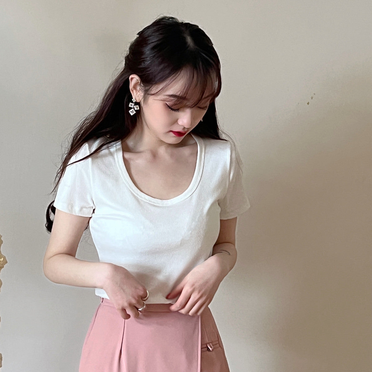 Threaded Cotton Short  T-Shirt Versatile Round Neck Half Sleeve Top