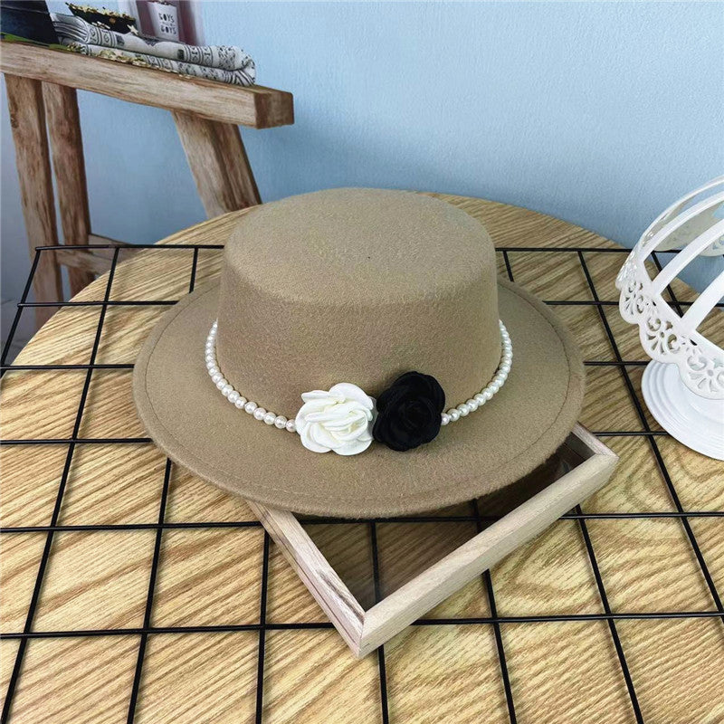 Vintage Hattedame Perlekæde Blomster Uld Flad Hat