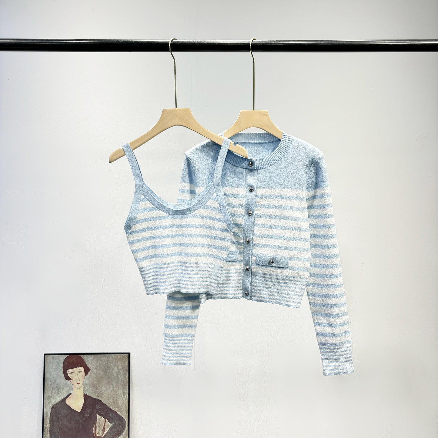 Womens Blue And White Striped Knitted Cardigan And Camisole Two-Piece Set
