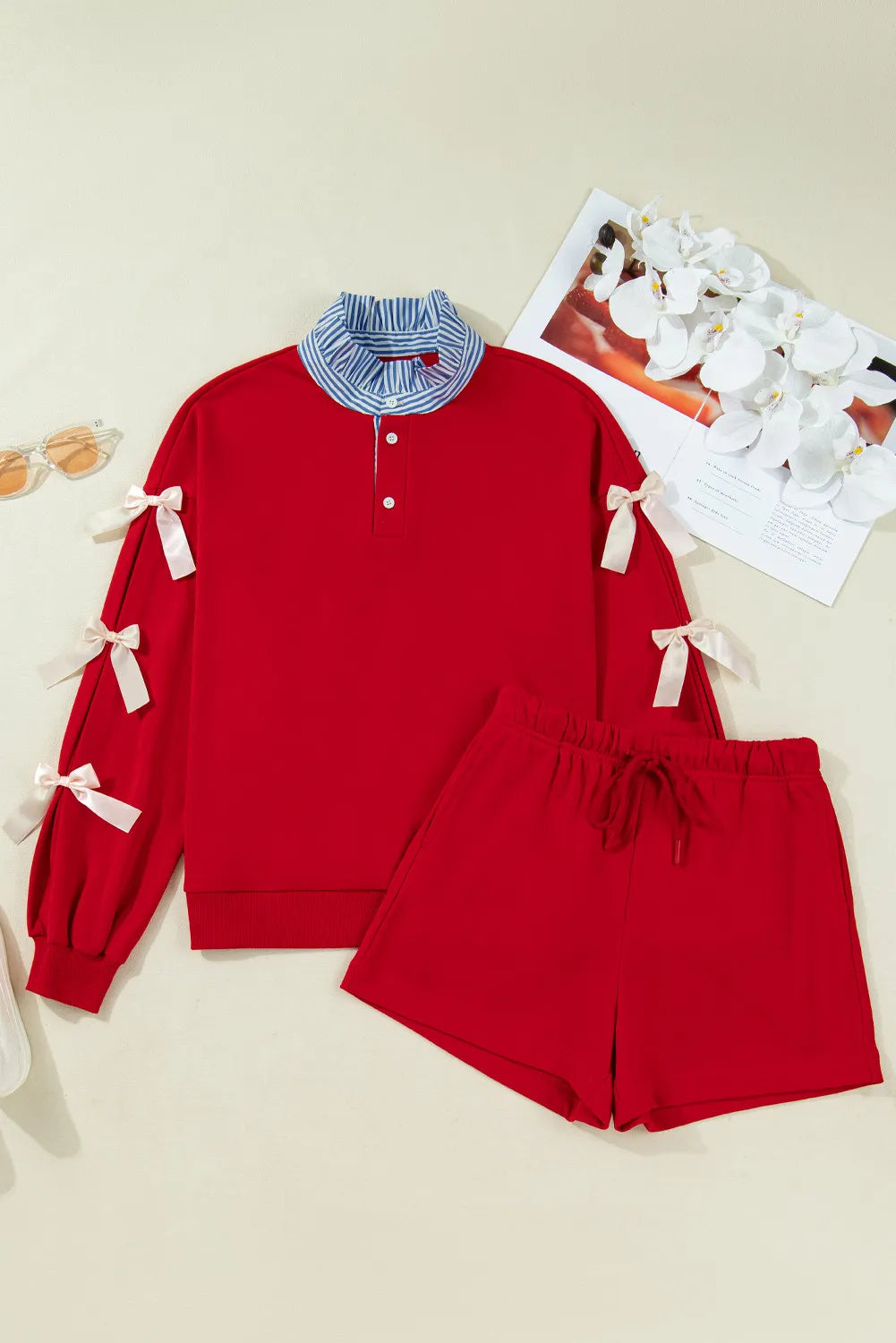 Racing Red Striped Collar Patchwork Satin Bow Sweatshirt And Shorts Set