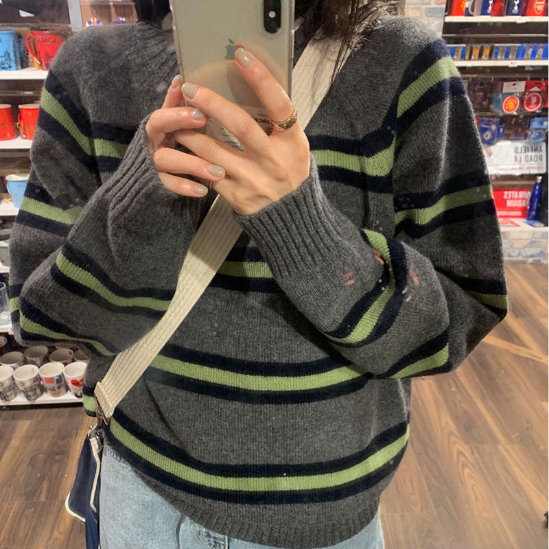 Striped Contrast Color Round Neck Pullover All-matching Knitwear Sweater