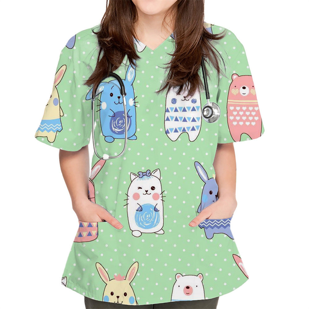 V-neck Cute Plain Pattern Series 3D Cloth For Nursing Workers