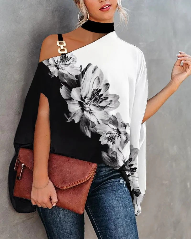Wear Halter Shawl Printed Elegant Short Sleeve Bat Shirt
