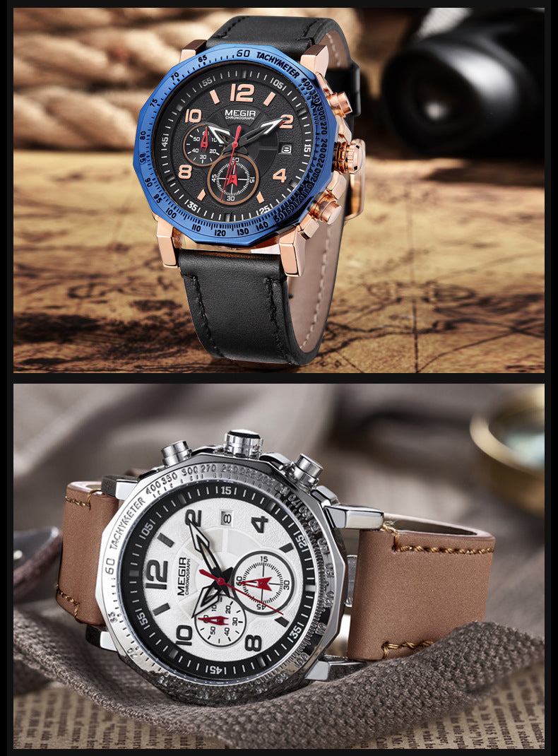 Leather Men's Quartz Watch Multi-function Chronograph Waterproof Sports Watch
