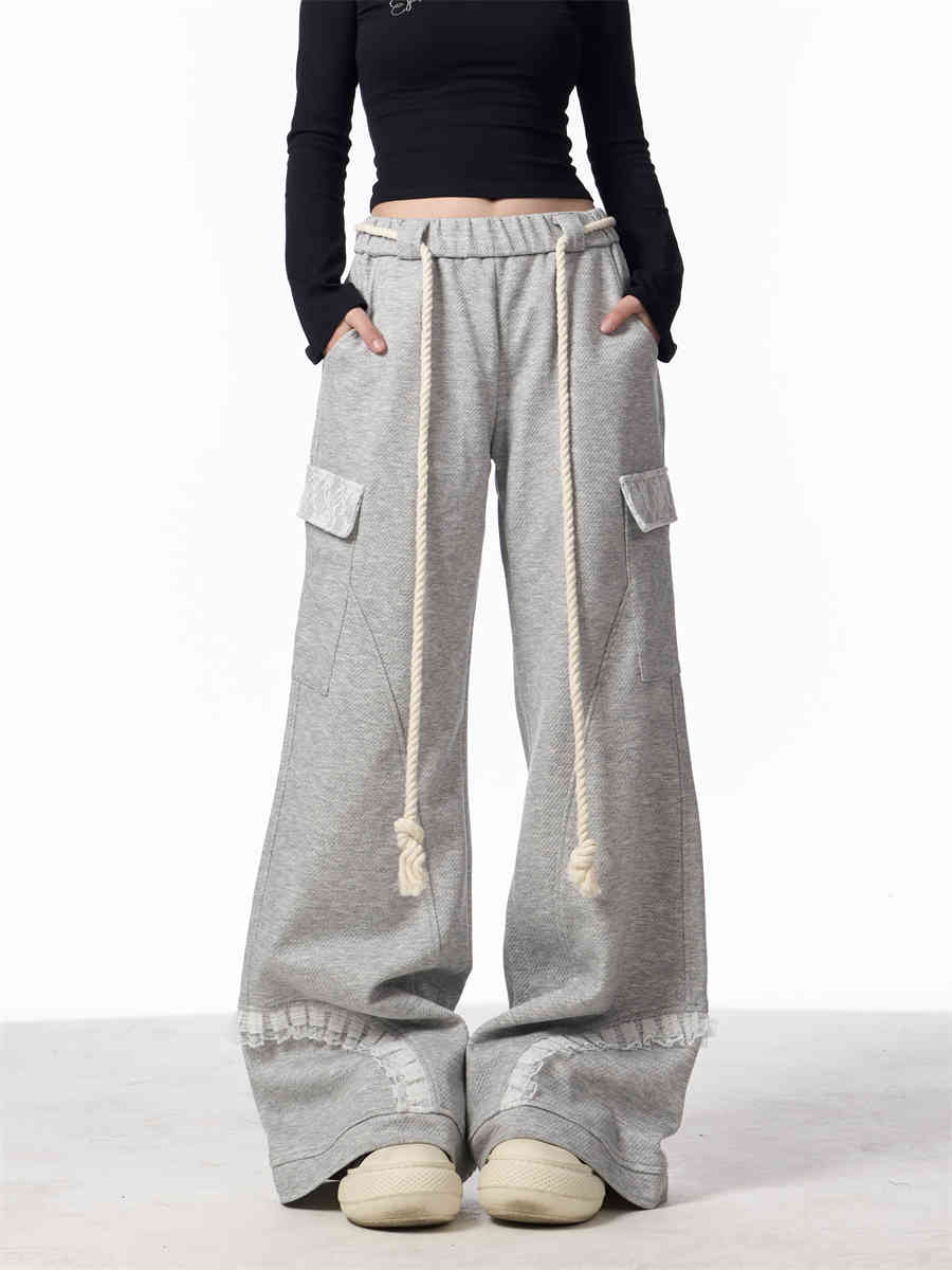 Gray Wide Leg Multi-pocket Drawstring Track Sweatpants Women's Casual Pants