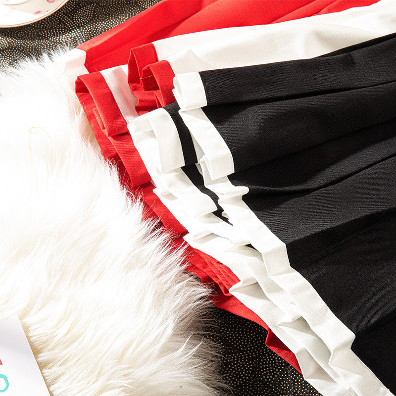 Contrast Color Pleated High-waisted Red New Year A- Line Skirt
