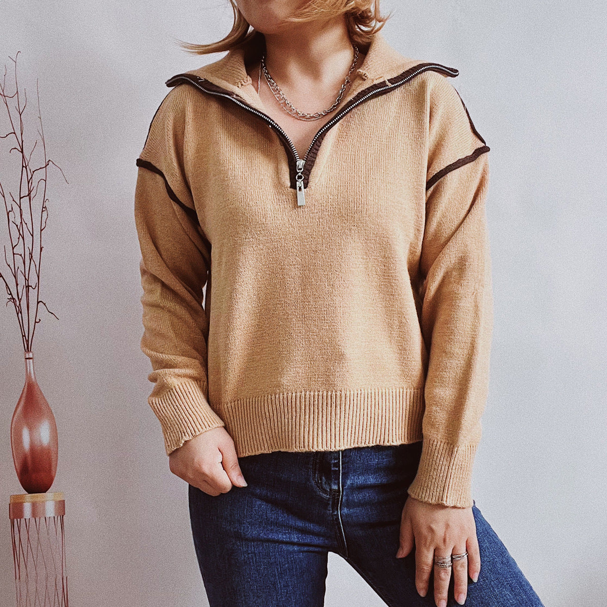 Casual Knitted Zipper And Lapel Contrast Color Long Sleeves Women's