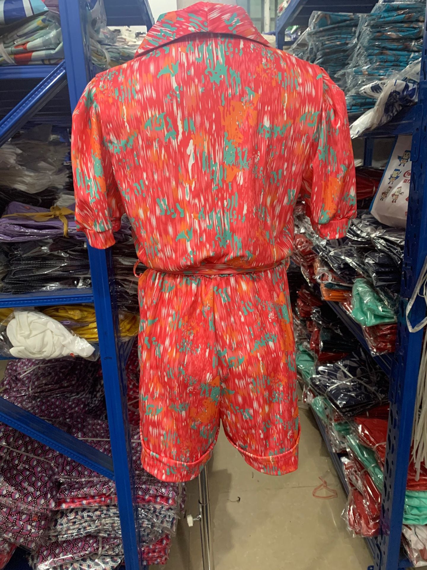 Bubble sleeved short sleeved printed waistband elastic jumpsuit