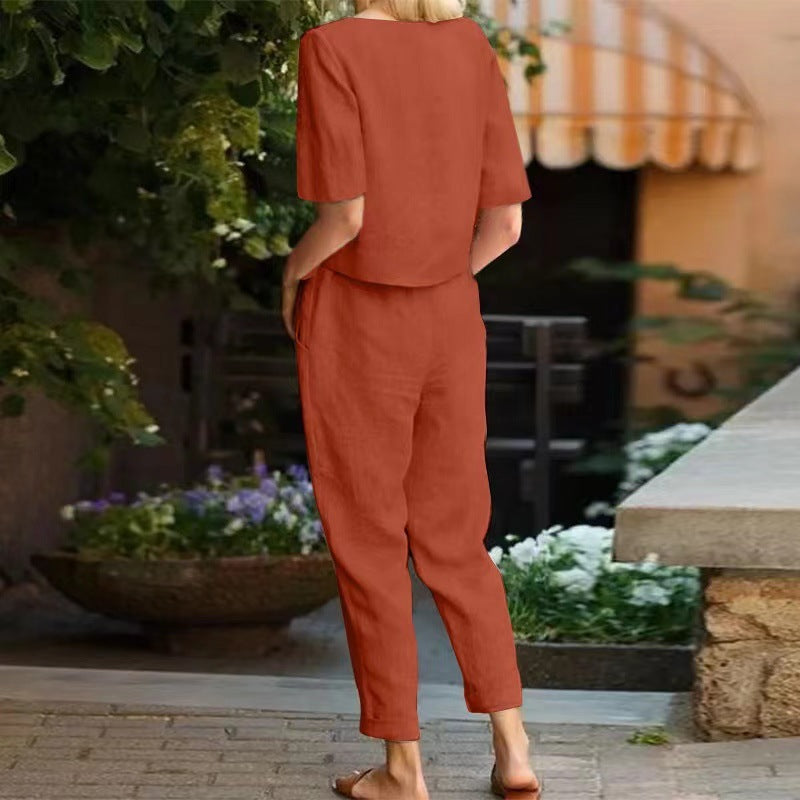 Women's Linen Cotton Summer Set Short Sleeve Vintage Set