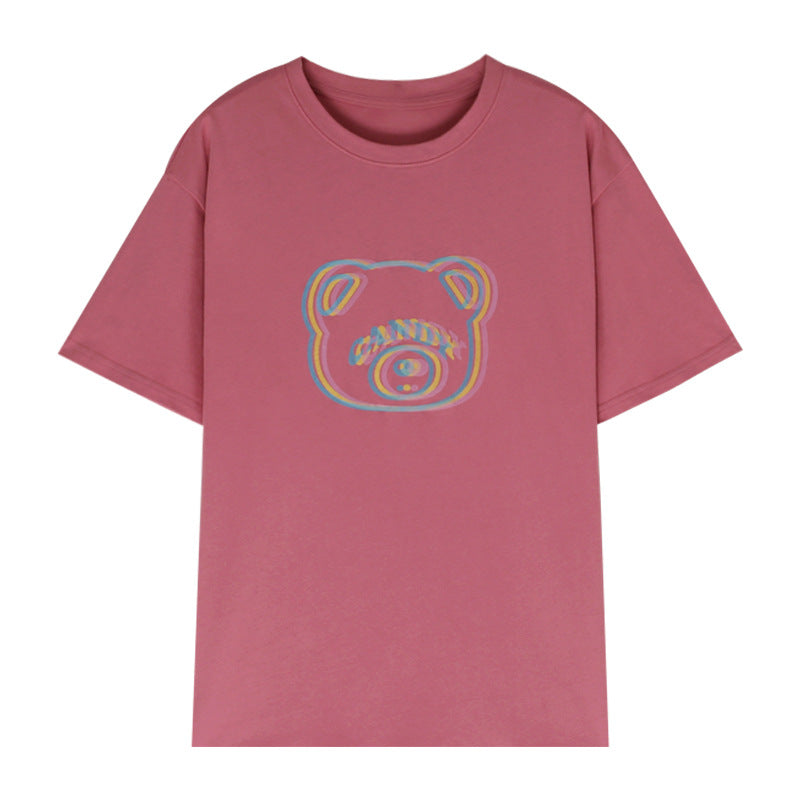 Dizzy Bear Japanese-Style Printed Loose-Fit Versatile Casual Crew-Neck Short-Sleeve T-Shirt For Women