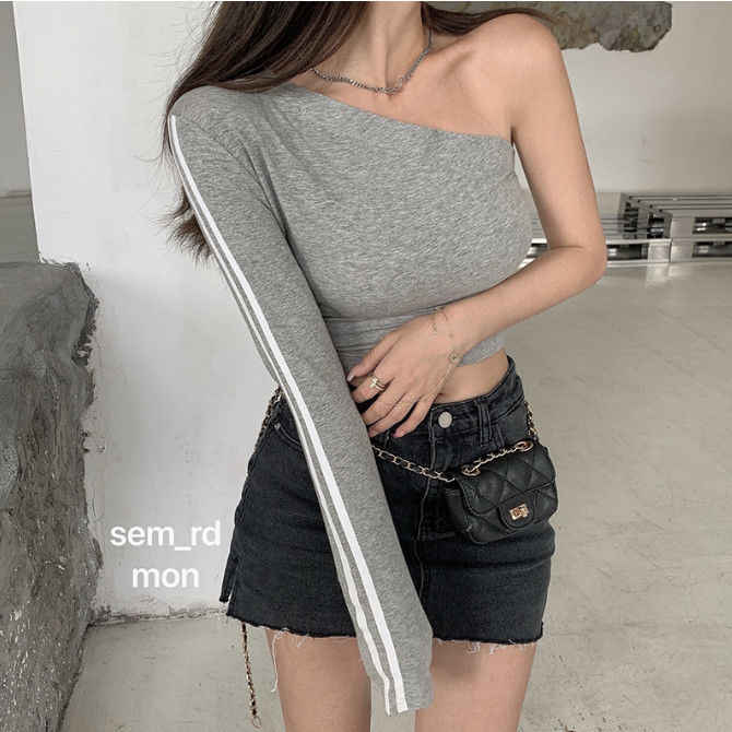 Solid Color Short Top Women's Off-shoulder Long Sleeve Casual T-shirt