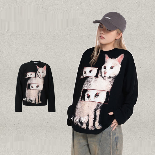 Laid-back Long-sleeve Hoodie With A Dancing Cat Design Relaxed Fit