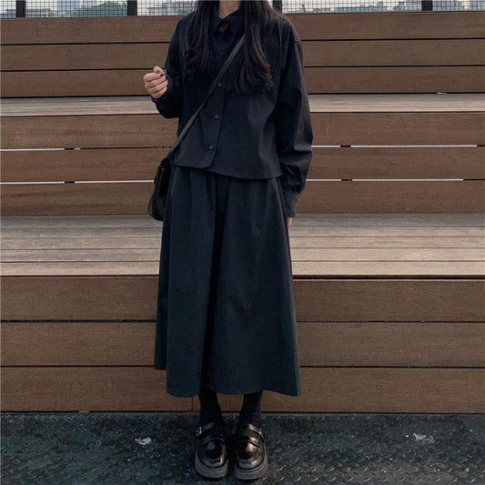 Women's Dark Shirt High Waist A-line Skirt Suit