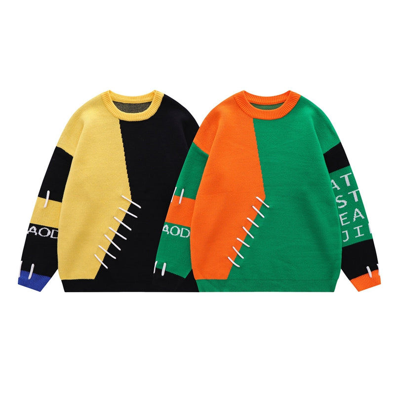 Men's And Women's Retro Colorblock Crew Neck Sweater