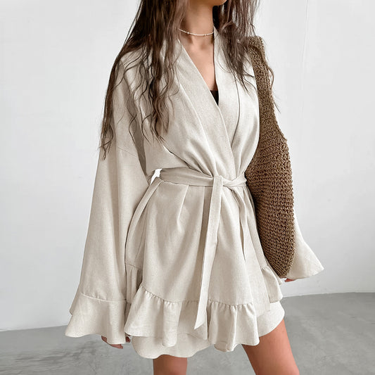 Pure Cotton Breathable Loose Fitting Soft And Comfortable Long Sleeve Shorts Pajama Set