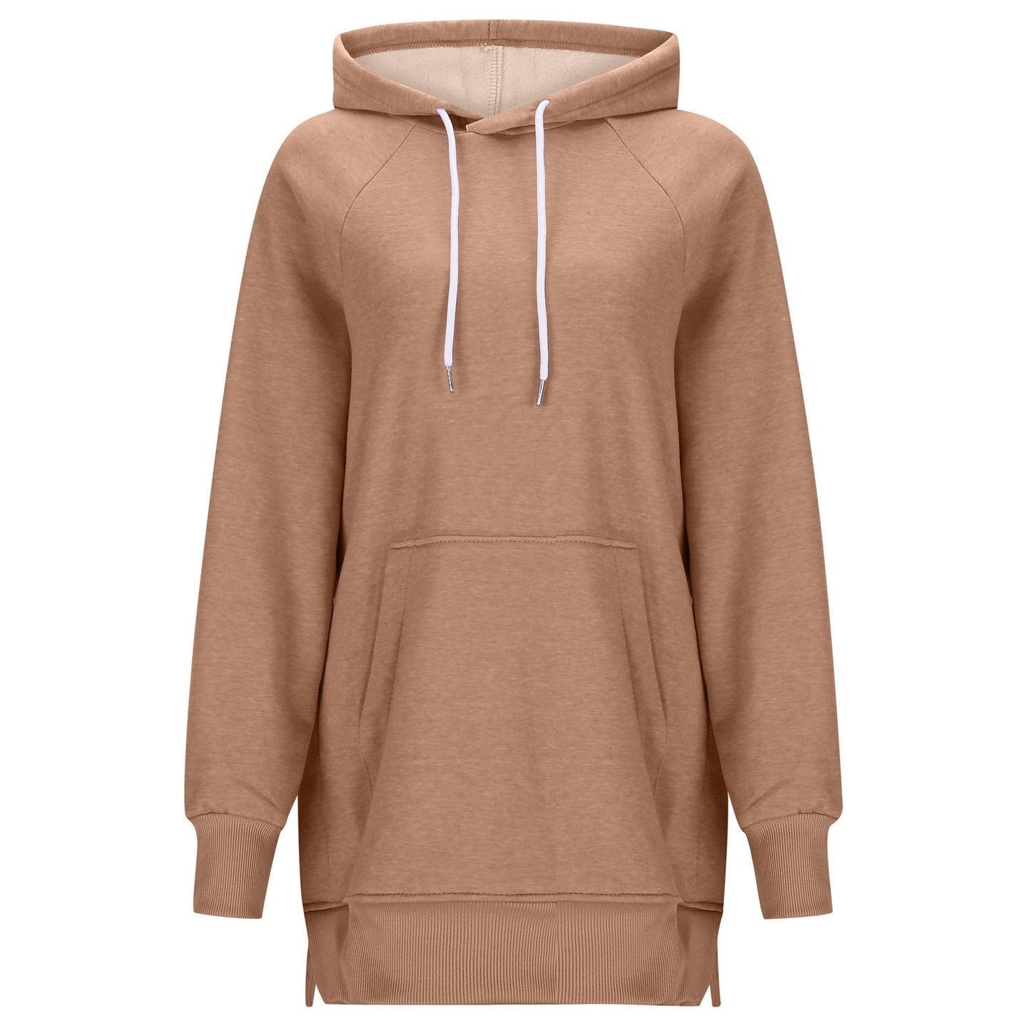 Dame ensfarvet sweater med hætte, slidser ved skuldrene og ærmer