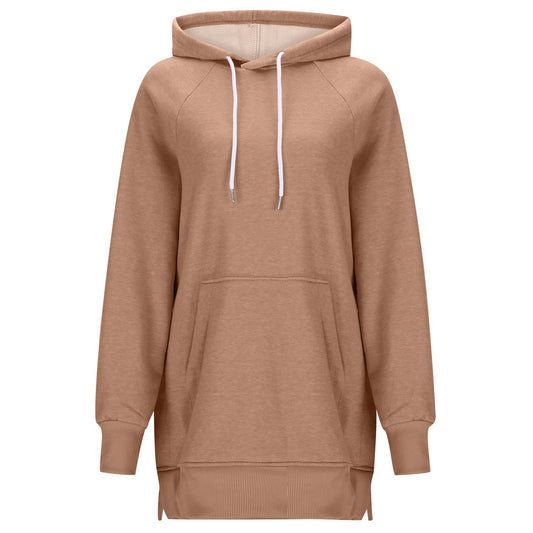 Dame ensfarvet sweater med hætte, slidser ved skuldrene og ærmer
