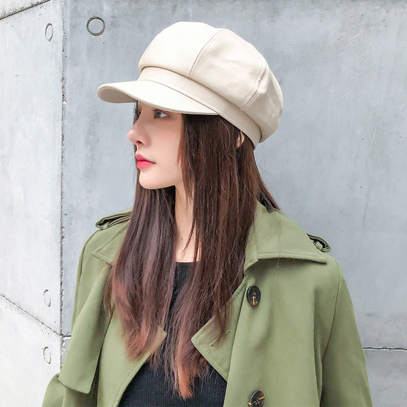 Korean Style Octagon Fashion Ladies Hat Leather Beret