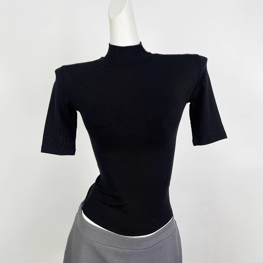 Retro Tencel Lycra Skin-friendly Turtleneck Shoulder Half Sleeve