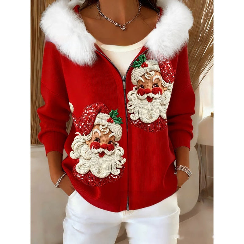 Stilfuld 3D Digital-Print Cardigan Til Damer Med Faux Fur Hætte