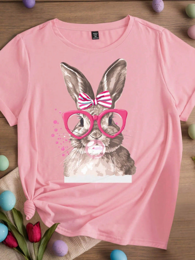 Happy Easter Rabbit Printed Women's Round Neck Short Sleeve T-shirt