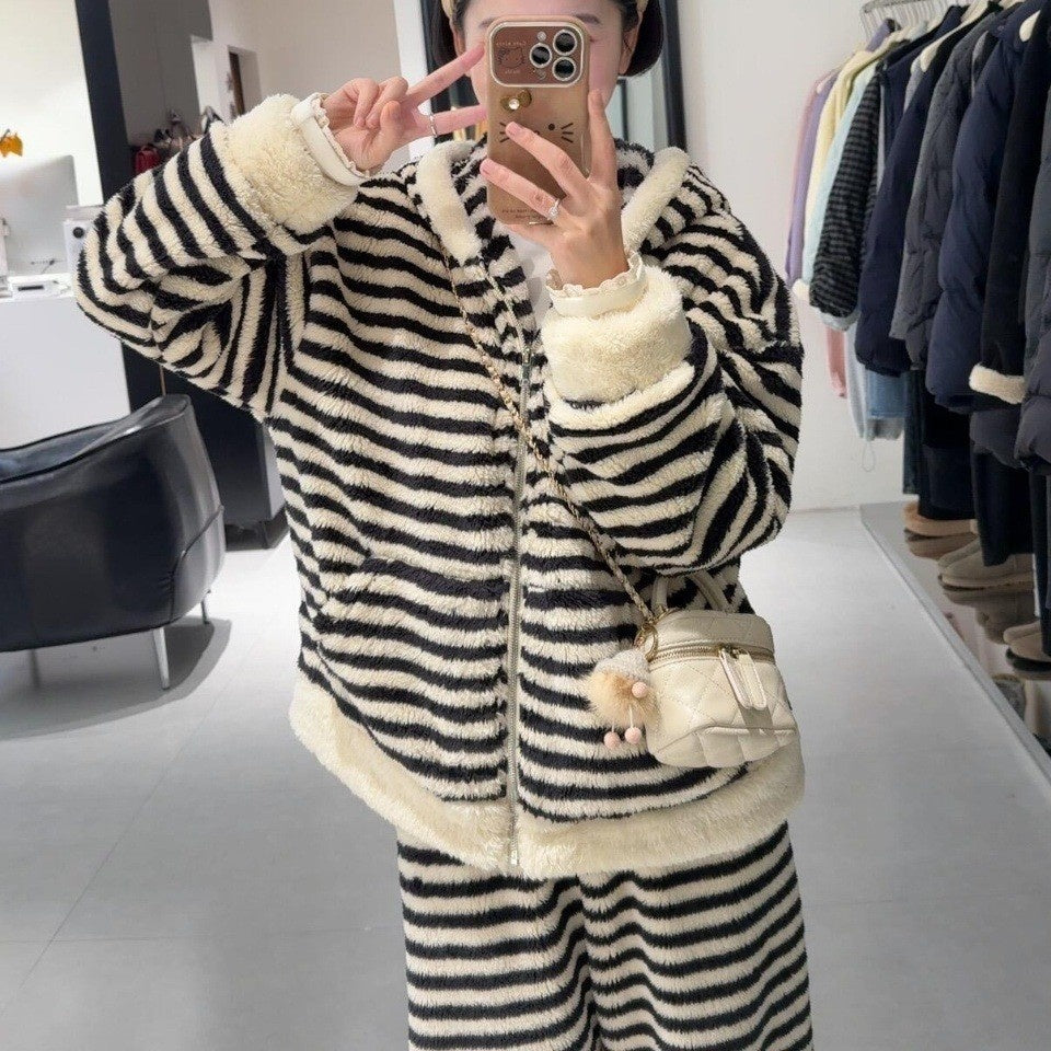 Striped Hooded Pajama Set Homewear For Women