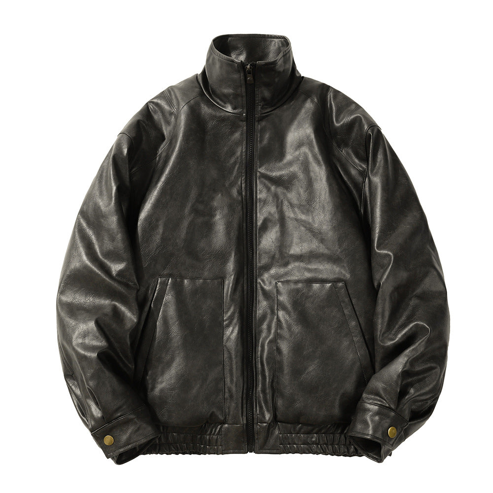 PU Leather Cotton Padded Coat Men's Rock Windproof Winter Stand Collar Loose