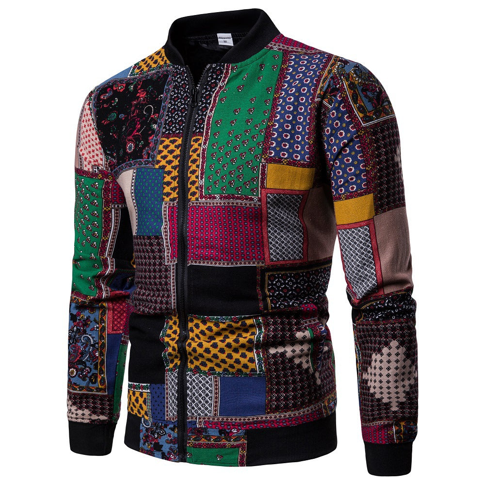 Spring And Autumn New Men's Ethnic Floral Jacket Fashion Slim-fit Baseball Uniform Coat