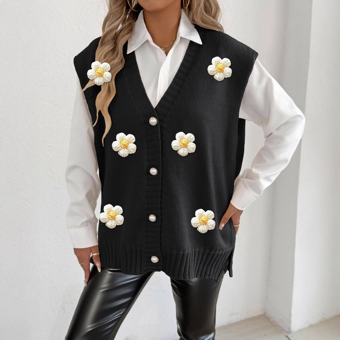 Women's Pearl Button Cardigan Crocheted Stitching Sweater Vest