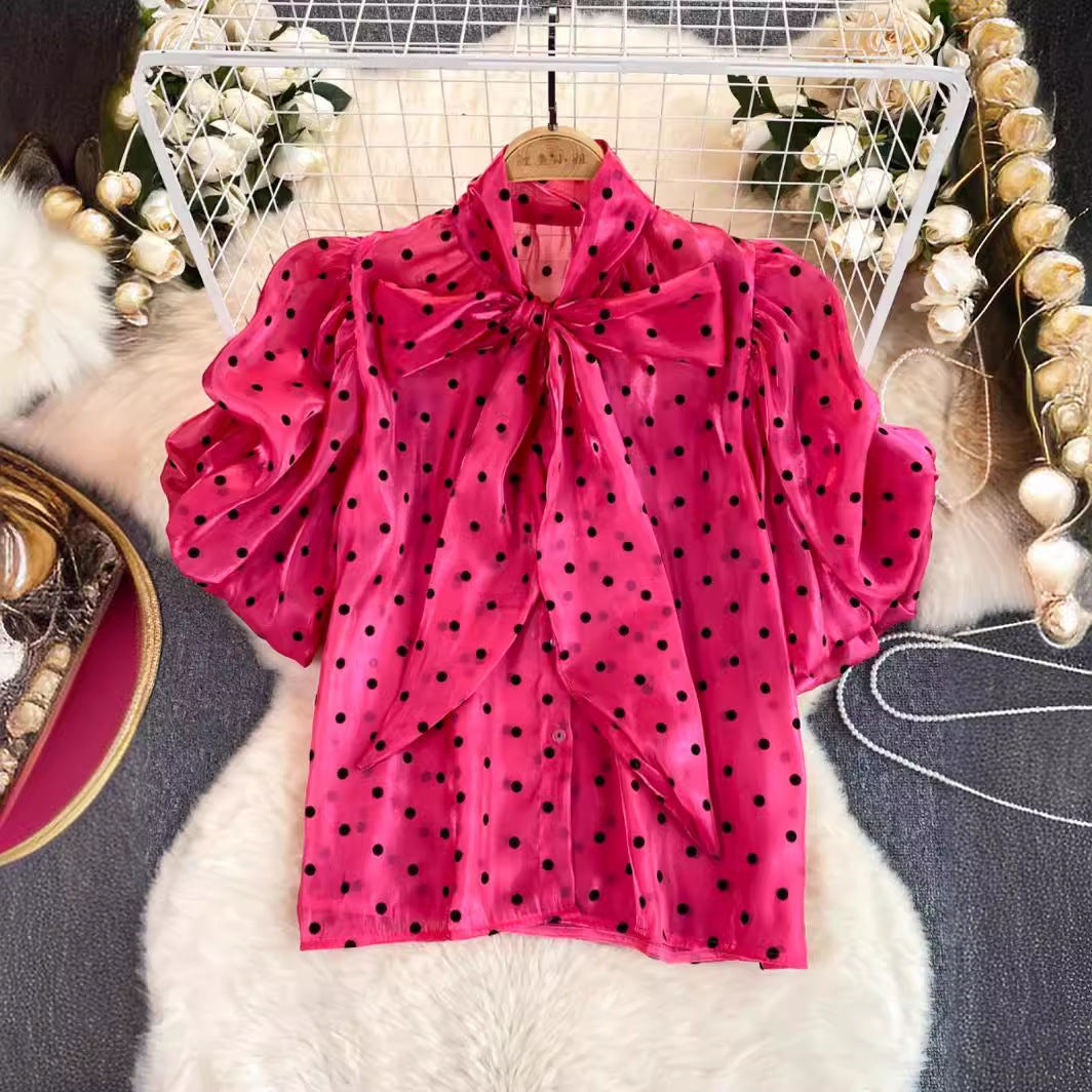 French Style Retro Dots Shirt Female Sweet Bow Collar