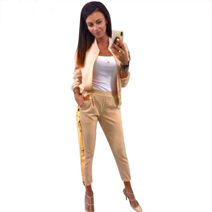 9536 European And American AliExpress Autumn Fashion Casual Sequin Splicing Coat Trousers Sports Suit For Women