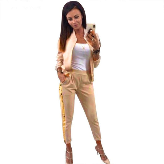 9536 European And American AliExpress Autumn Fashion Casual Sequin Splicing Coat Trousers Sports Suit For Women