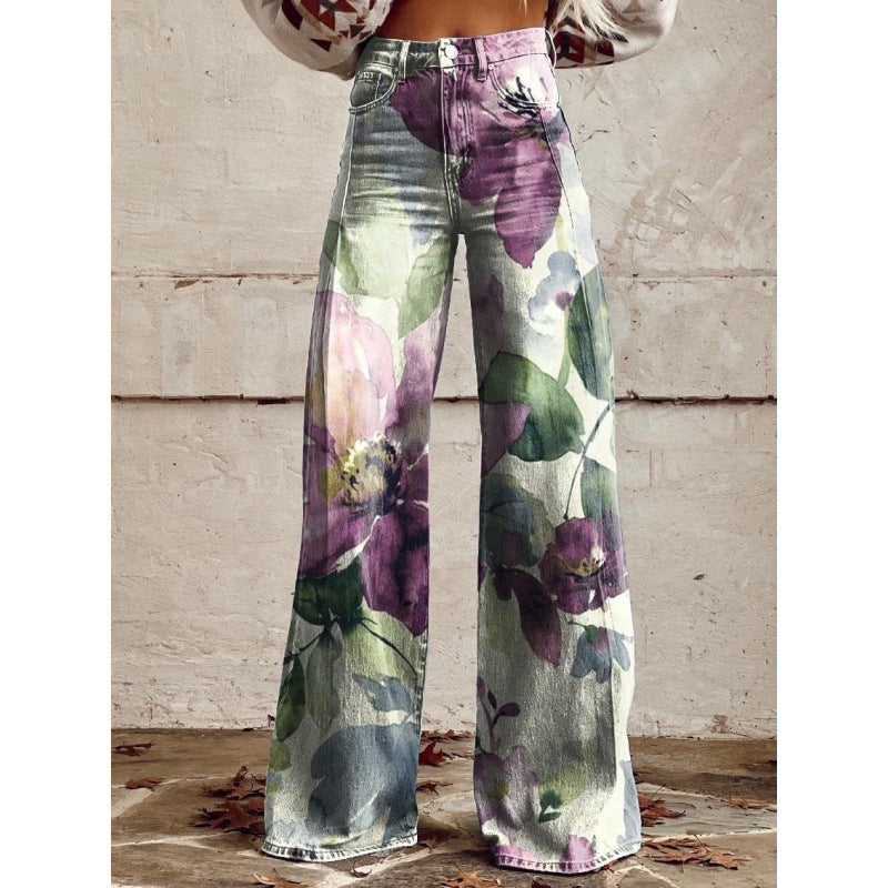 Thermal Transfer Bell-bottom Pants Simulation Denim Trousers Loose Pants