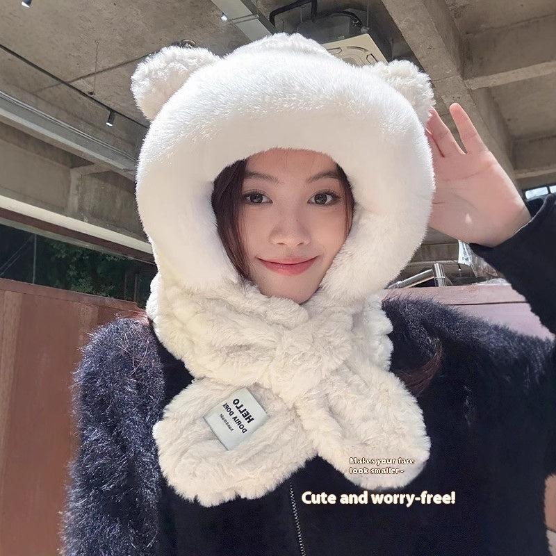 Hat Scarf One Female Student Cute Warm Winter Plush Pullover Ear Protection