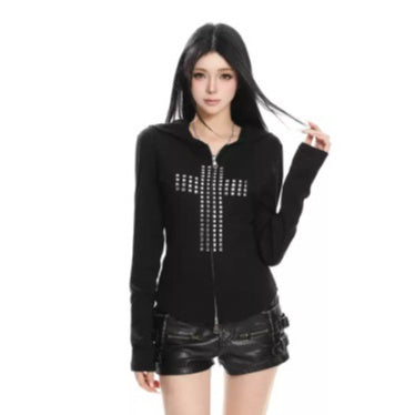 Rivet Cross Hooded Long-Sleeve Versatile Cropped Zip-Up Top