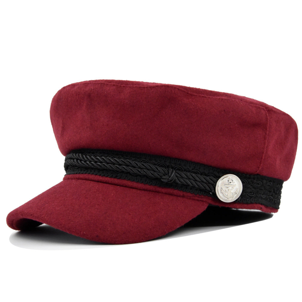Women's Metal Buckle Octagonal Woolen Flat Hat