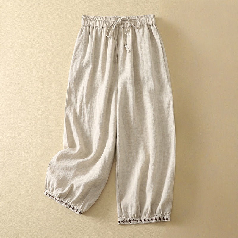 Womens Cotton Linen Embroidered Drawstring Loose Casual Pants