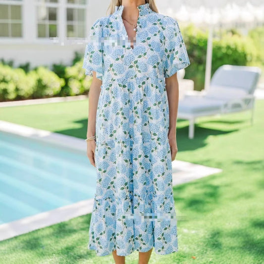 Women's Fashionable Printed Tiered Short-Sleeve Dress