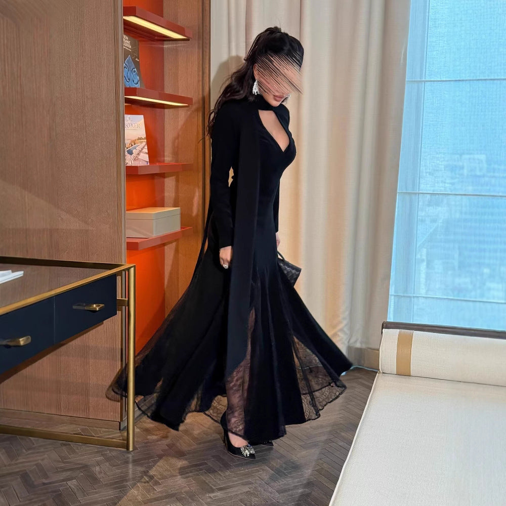 Round-neck Spliced Lace Long-sleeve Slim-fit Elegant Vintage Dress