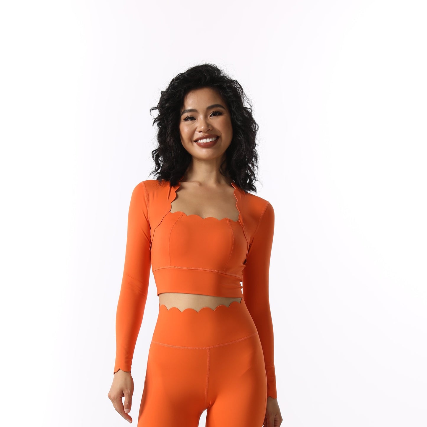 Womens Solid-Colored Square-Neck Long-Sleeve Sport Top And Pants Set