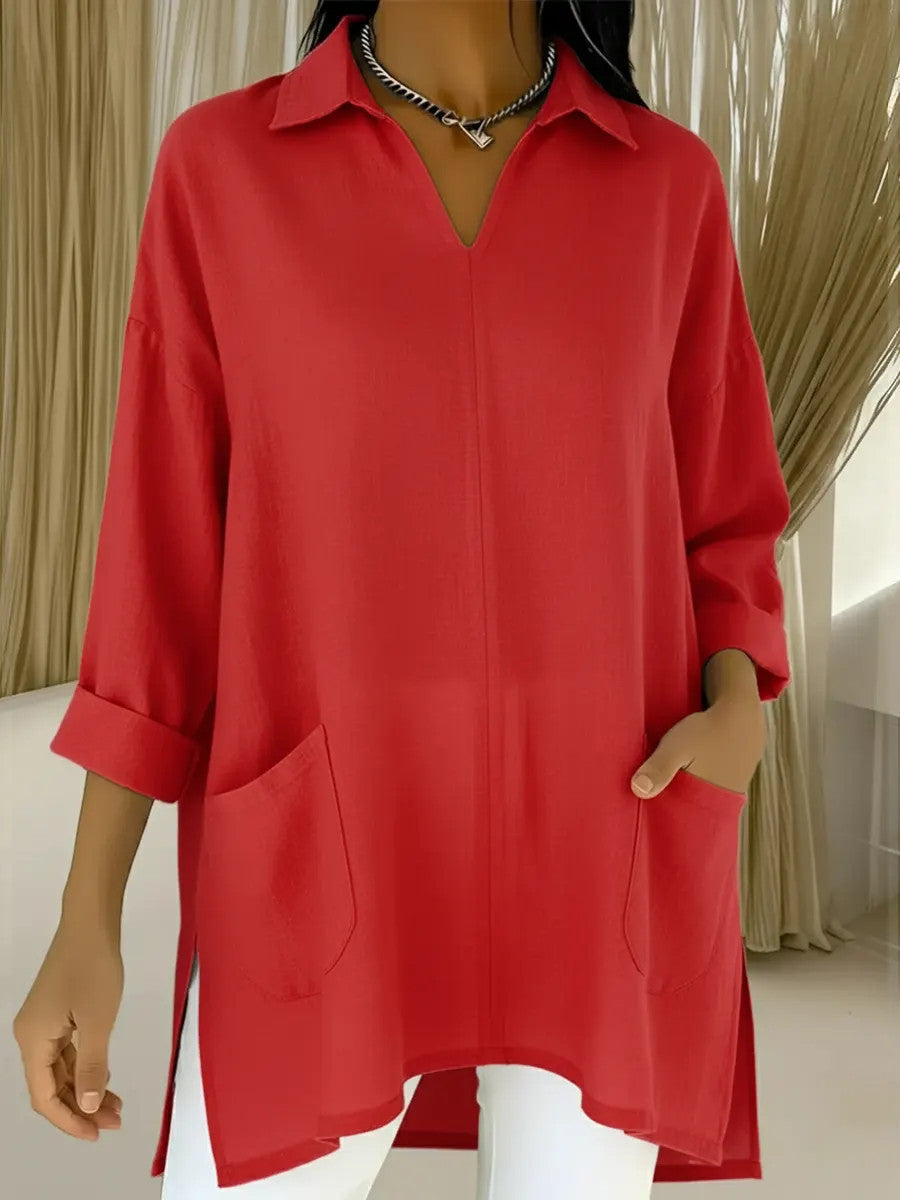 Womens Fashion Solid-color Pocket Shirt With A Loose-fitting Collar