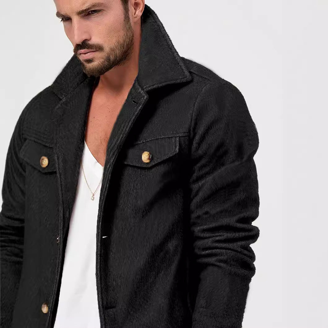 Mens Trendy Wool Coat With A Single-breasted, Solid-color Design