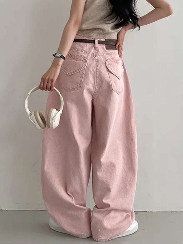 Love Pocket Design Jeans Women's High Waist Wide Leg Pants