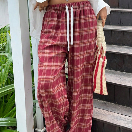 Womens Retro American-Style Color-Block Plaid Casual Pants