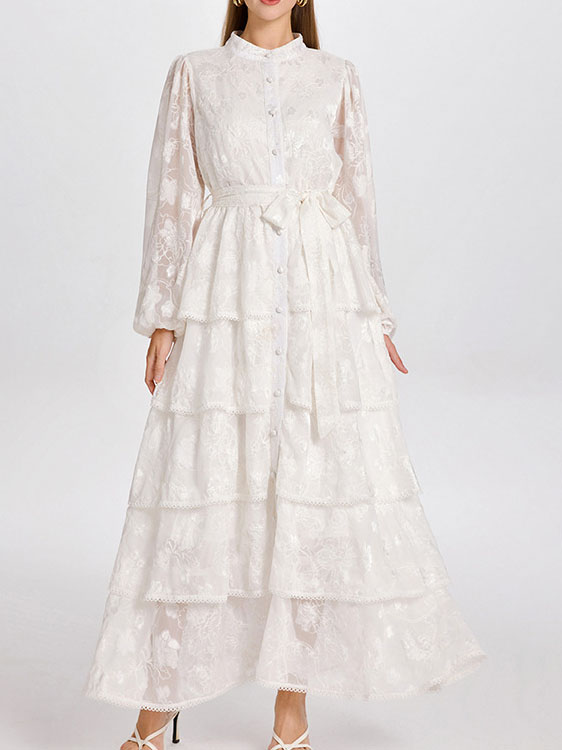 Round Neck Long Sleeve Lace Embroidered Long Cake Dress